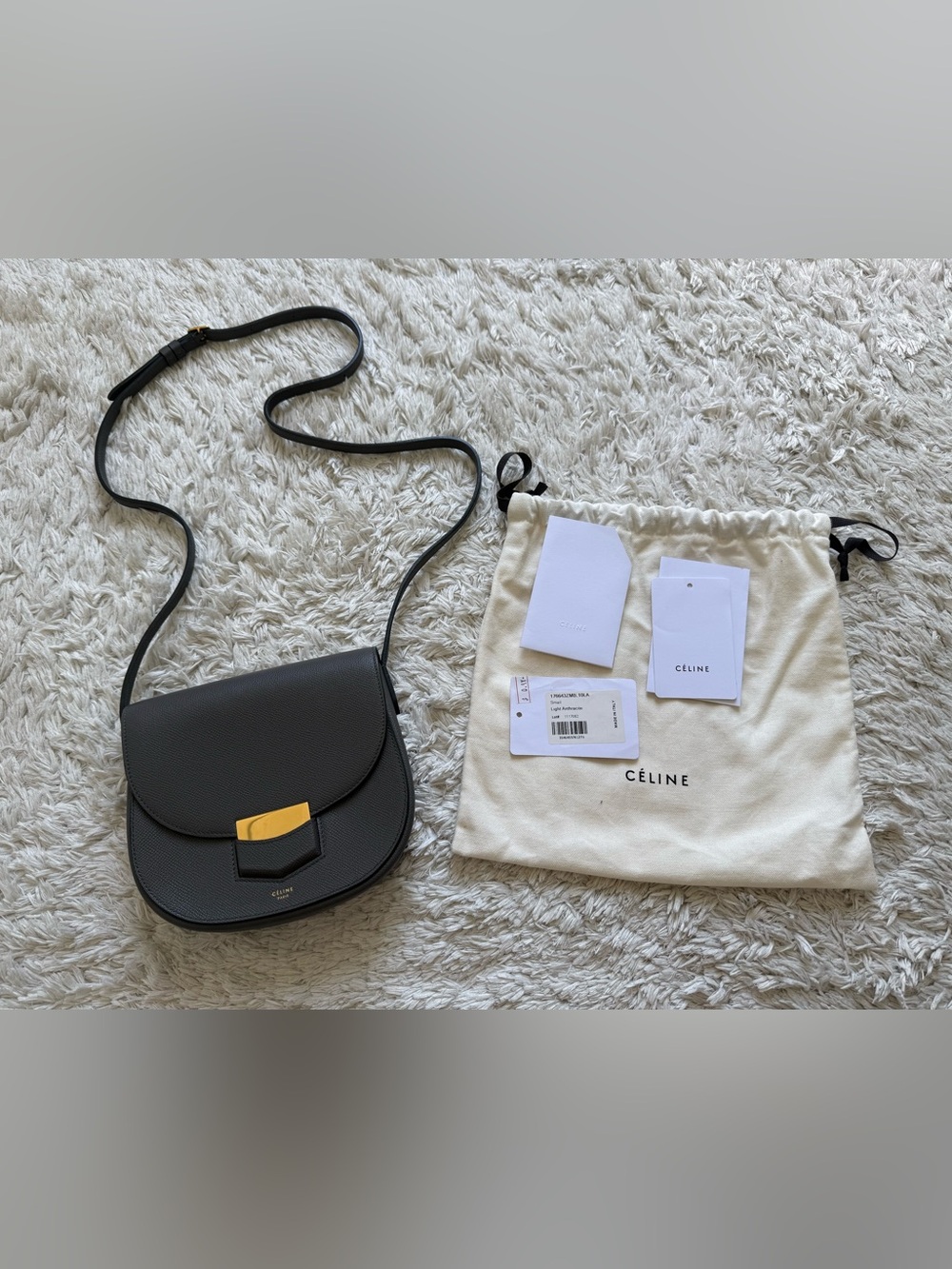 Celine Grey Leather Trotteur Saddle Crossbody with Gold Hardware Size Samll